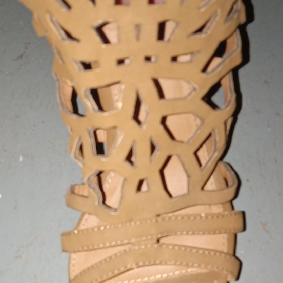 Tan Cut-Out Platform Wedge Sandals with Cork Heel Bohemian Beachy Casual Wedge - Picture 9 of 16